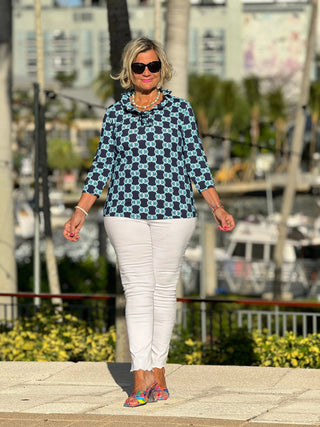 BLUE MEDALLION RUFFLE SLEEVE TOP LULU-B