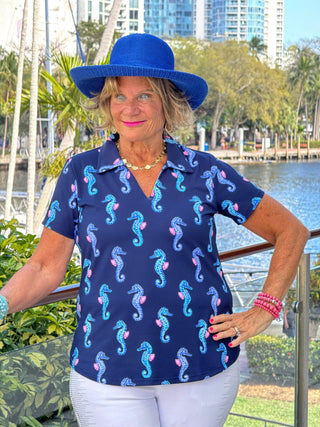 LULU B MIDNIGHT REEF SHORT SLEEVE V-NECK COLLAR TOP LULU-B