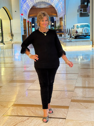 LULU-B BLACK SCOOP NECK FRINGE FANCY SWEATER LULU-B