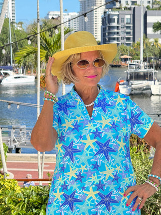 LULU B STARFISH SPLASH HALF ZIPPER SHORT SLEEVE DRESS LULU-B