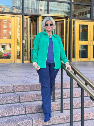 Crystal Zipper Cardigan with Collar Kelly Green Cathys Place