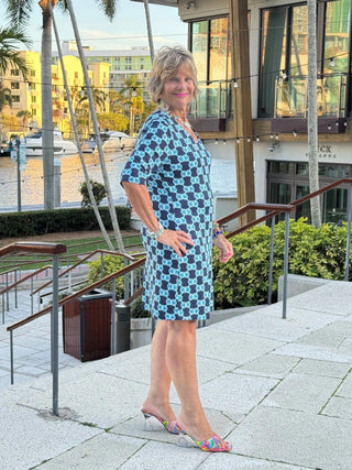 BLUE MEDALLION ELBOW DRESS LULU-B