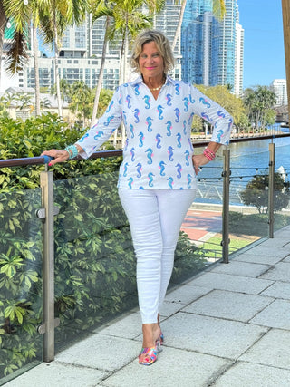 LULU B SHORELINE CHARM 3/4 SLEEVE V-NECK COLLAR SHIRT LULU-B