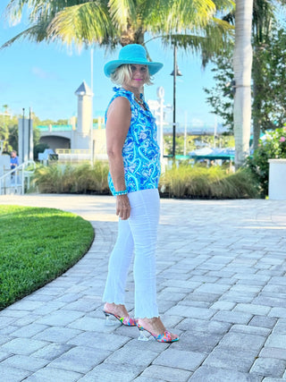 BLUE DREAMING HEARTS SLEEVELESS RUFFLE TOP LULU-B