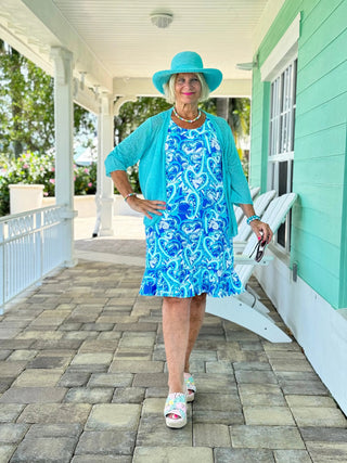 BLUE DREAMING HEARTS  HALTER RUFFLE DRESS LULU-B