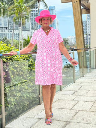 LULU B TROPIC PETALS HALF ZIPPER SHORT SLEEVE DRESS LULU-B