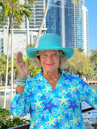 LULU B STARFISH SPLASH 3/4 SLEEVE V-NECK COLLAR SHIRT LULU-B