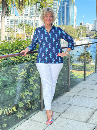 LULU B MIDNIGHT REEF 3/4 SLEEVE V-NECK COLLAR SHIRT LULU-B