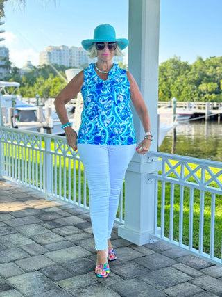 BLUE DREAMING HEARTS SLEEVELESS RUFFLE TOP LULU-B