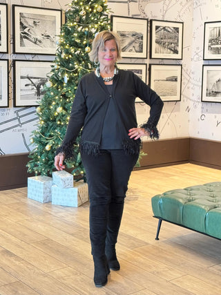 LULU-B BLACK SCOOP NECK FRINGE FANCY SWEATER LULU-B