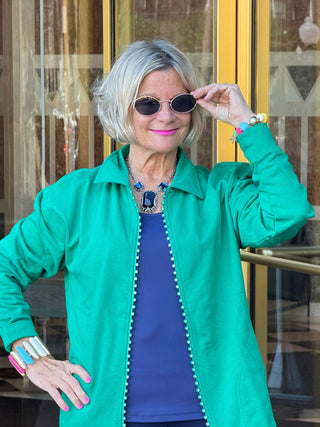 Crystal Zipper Cardigan with Collar Kelly Green Cathys Place