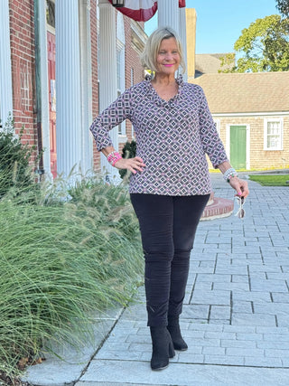 Lulu-B  Harbor Diamond Ruffle Neck Sleeve Top LULU-B