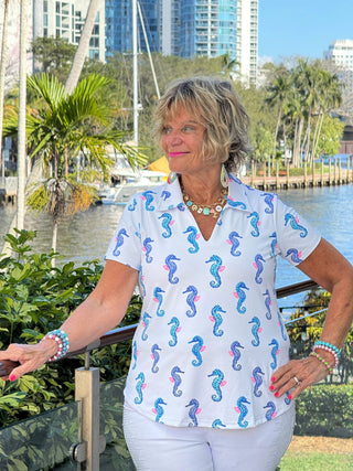 LULU B SHORELINE CHARM SHORT SLEEVE V-NECK COLLAR TOP LULU-B