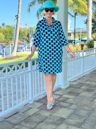 BLUE MEDALLION SLEEVE RUFFLE NECK DRESS LULU-B