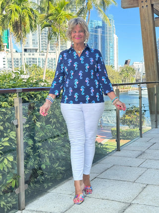 LULU B MIDNIGHT REEF 3/4 SLEEVE V-NECK COLLAR SHIRT LULU-B