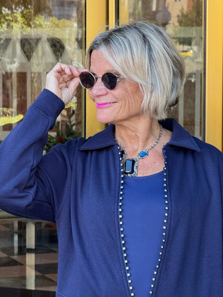 Crystal Zipper Cardigan with Collar Navy Cathys Place