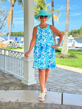 BLUE DREAMING HEARTS  HALTER RUFFLE DRESS LULU-B