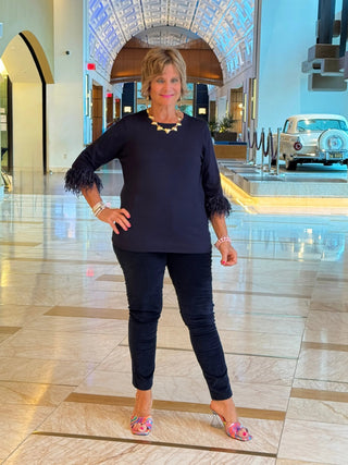 LULU-B NAVY CASHMERE SCOOP NECK FRINGE TOP LULU-B