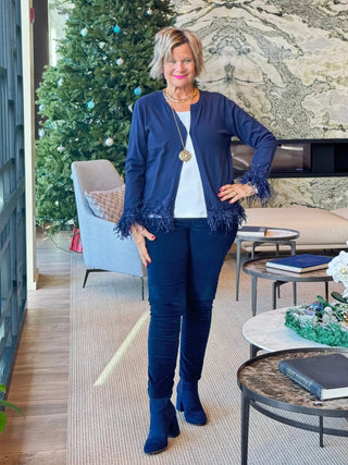 LULU-B NAVY CASHMERE FRINGE FANCY CARDIGAN LULU-B