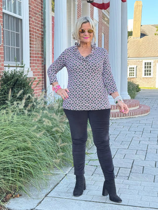 Lulu-B  Harbor Diamond Ruffle Neck Sleeve Top LULU-B