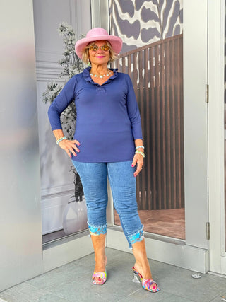 NAVY 3/25 RUFFLE TOP LULU-B