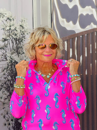 LULU B SEAHORSE BAY 3/4 SLEEVE V-NECK COLLAR SHIRT LULU-B