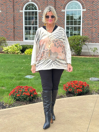 HEARTS & ANIMAL PRINT V-NECK SWEATER Cathys Place