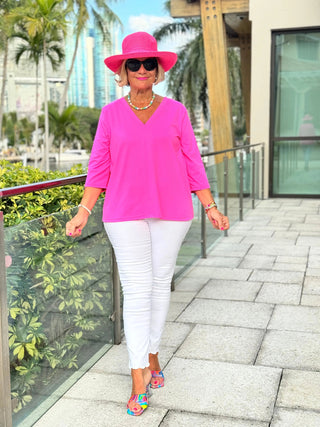 TAILORED HOT PINK SLEEVE V NECK TOP - Cathys Place