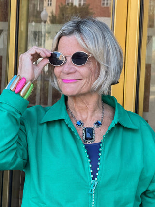 Crystal Zipper Cardigan with Collar Kelly Green Cathys Place