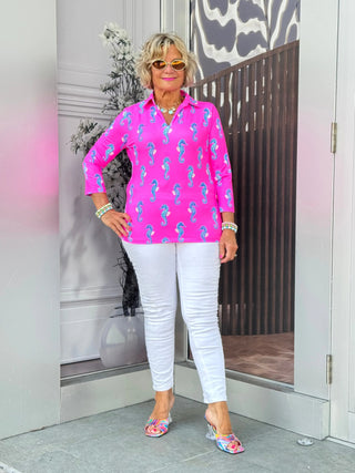 LULU B SEAHORSE BAY 3/4 SLEEVE V-NECK COLLAR SHIRT LULU-B