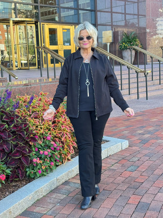 Crystal Zipper Cardigan with Collar Black Cathys Place