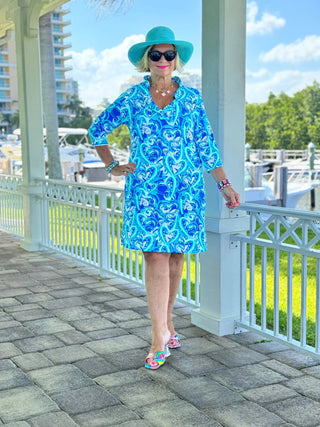 BLUE DREAMING HEART RUFFLE NECK DRESS LULU-B