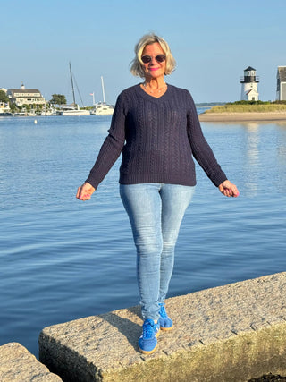 LULU-B NAVY CABLE V NECK SWEATER LULU-B