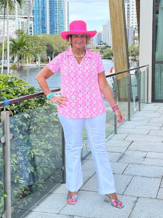 LULU B TROPIC PETALS SHORT SLEEVE V-NECK COLLAR TOP LULU-B