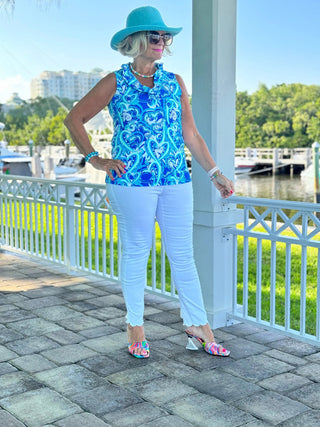 BLUE DREAMING HEARTS SLEEVELESS RUFFLE TOP LULU-B
