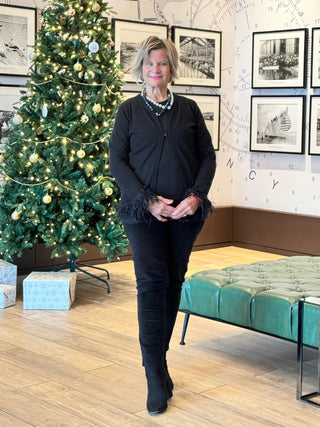 LULU-B BLACK SCOOP NECK FRINGE FANCY SWEATER LULU-B