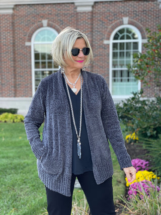 LULU-B CHARCOAL CHENILLE CARDIGAN LULU-B