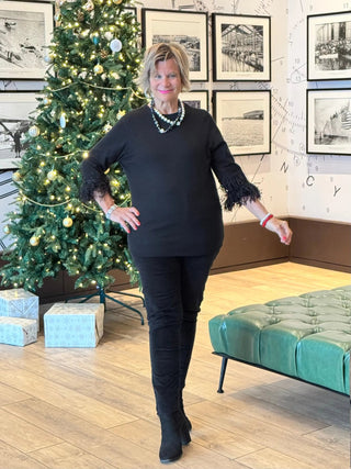 LULU-B BLACK SCOOP NECK FRINGE FANCY SWEATER LULU-B