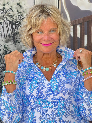 LULU B CORAL BREEZE 3/4 SLEEVE V-NECK COLLAR SHIRT LULU-B