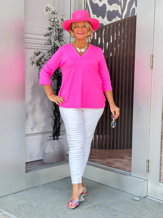 TAILORED HOT PINK SLEEVE V NECK TOP LULU-B