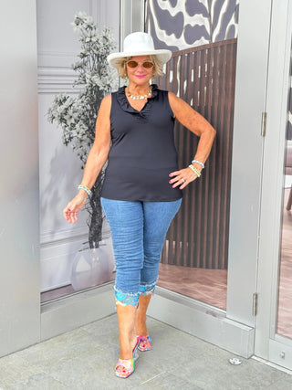 BLACK SLEEVELESS RUFFLE TOP LULU-B