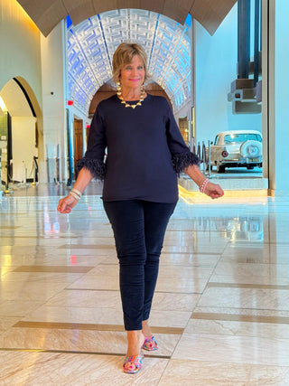 LULU-B NAVY CASHMERE SCOOP NECK FRINGE TOP LULU-B