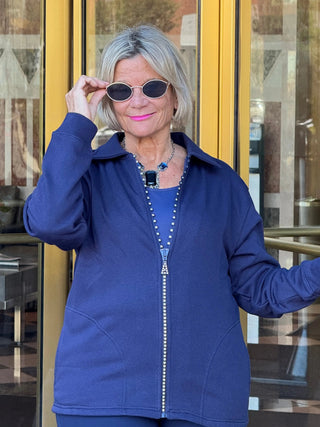 Crystal Zipper Cardigan with Collar Navy Cathys Place