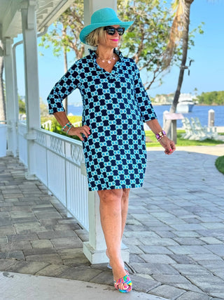 BLUE MEDALLION SLEEVE RUFFLE NECK DRESS LULU-B