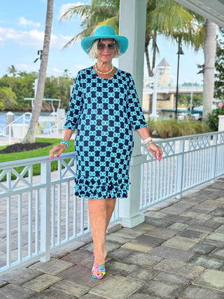 BLUE MEDALLION RUFFLE SLEEVE DRESS LULU-B