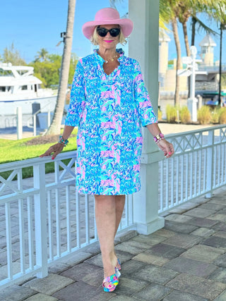 SPLASH OF PINK RUFFLE NECK DRESS LULU-B