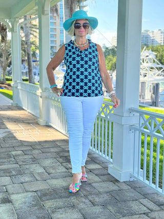 BLUE MEDALLION SLEEVELESS RUFFLE TOP LULU-B