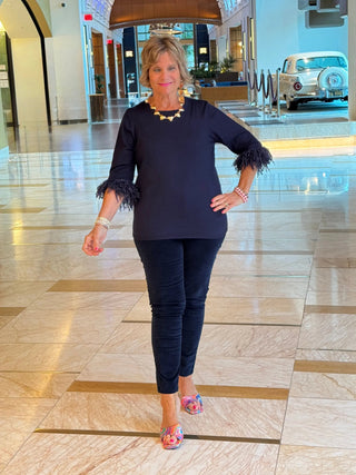 LULU-B NAVY CASHMERE SCOOP NECK FRINGE TOP LULU-B