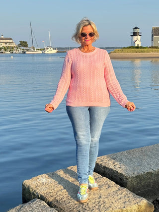 Cable-Knit Cotton PINK CREW Neck Sweater LULU-B