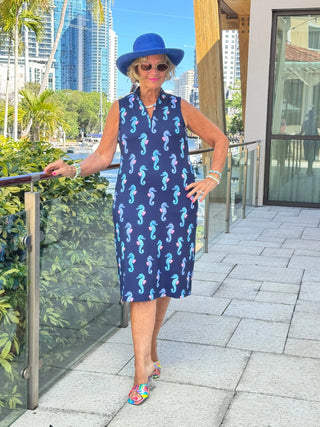 LULU B MIDNIGHT REEF MIDI SLEEVELESS 1/4 ZIP MAXI DRESS LULU-B